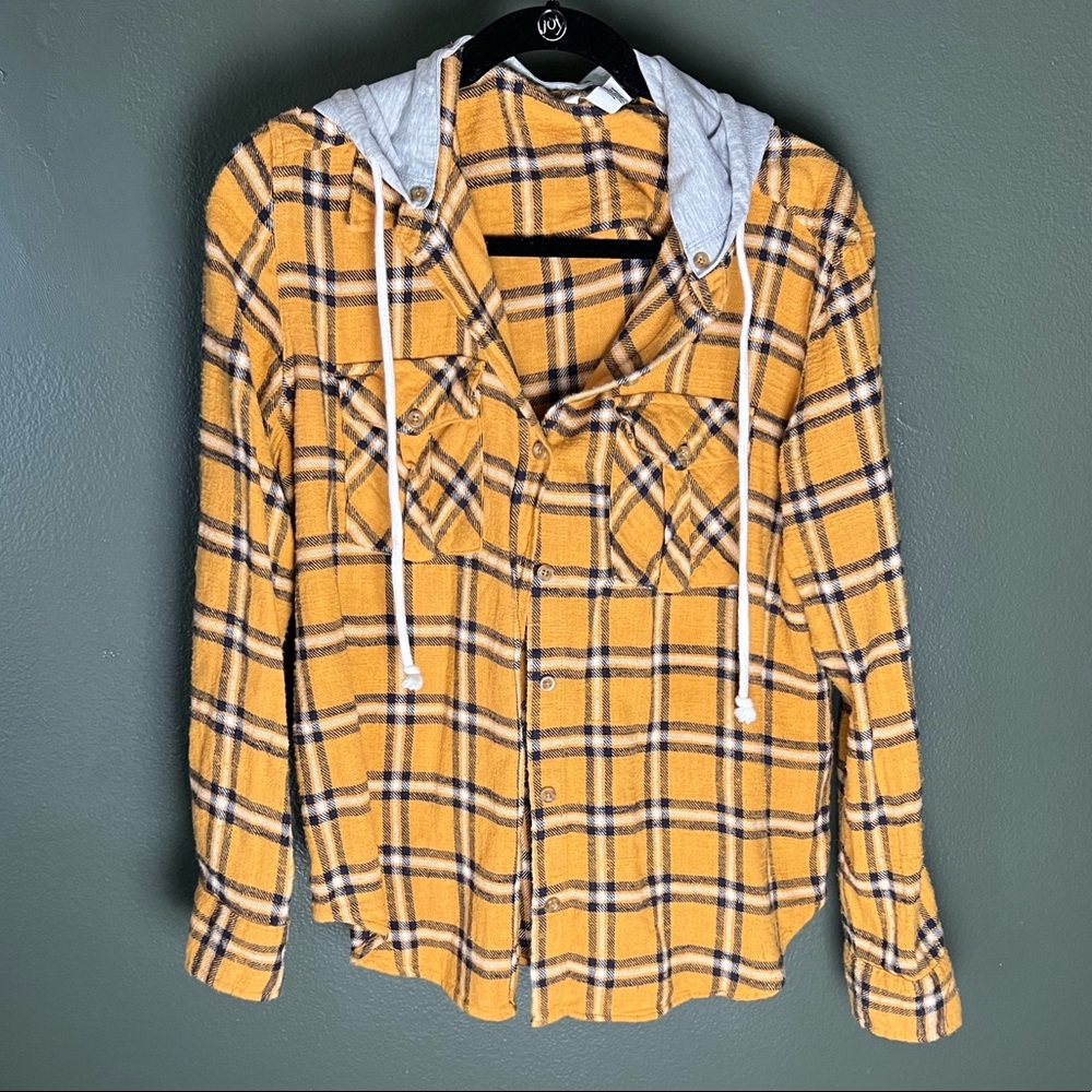 Forever 21 yellow plaid 90s style hoodie shirt